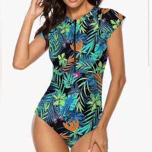 Wolddress Womens Zip Front One Piece Rashguard Swimsuit Tropical Leafs NWOT